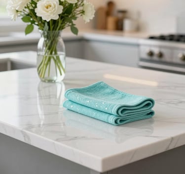 Close-up of a sparkling clean kitchen island in a modern home. Polished white marble surfaces, a glass vase of fresh flowers, and soft cyan kitchen towels. Bright, high-key lighting emphasizing a healthy environment.