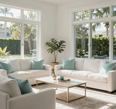 A bright, airy modern living room in Bradenton, Florida. Large windows let in natural sunlight onto pristine white furniture with soft cyan decorative accents. Professional architectural photography style, calm and clean atmosphere.