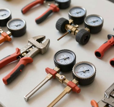 A sharp, clear photography of a set of professional HVAC tools and pressure gauges laid out neatly on a soft off-white surface in a North American / US work environment, conveying efficiency and professionalism.