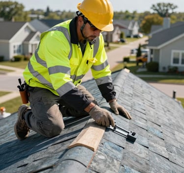 A professional roofing contractor in high-visibility safety gear inspecting a roof peak on a sunny day in a North American residential neighborhood, slate blue and dark gray color palette.