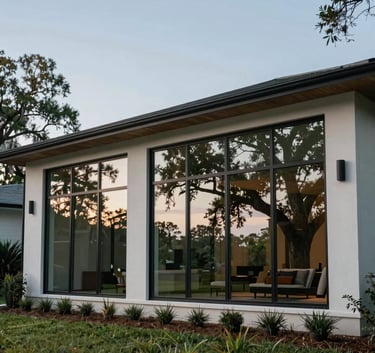 A wide-angle exterior photograph of a contemporary North American home in Gainesville, Florida, with floor-to-ceiling windows that are flawlessly clean, reflecting the soft blue sky and lush green oaks.
