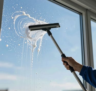 A professional window cleaner using a squeegee on a large pane of glass, capturing the crisp trail of clear glass against the white soap foam, set against a bright sky-blue North American background.