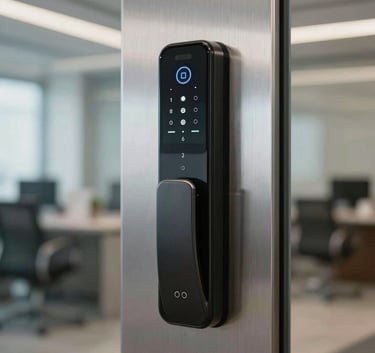 Close-up photography of a high-tech electronic biometric door lock installed on a sleek steel door in a modern North American office building.