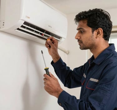 A professional South Asian technician in a smart navy blue uniform repairing a modern wall-mounted split AC unit in a clean Noida apartment, focused expression, holding a professional screwdriver.