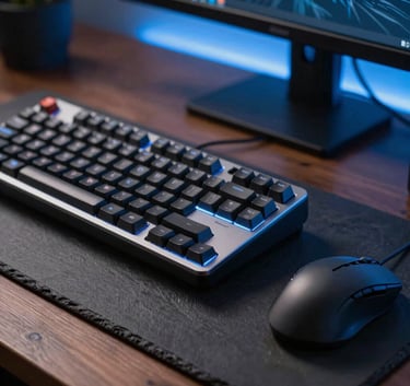 A close-up of a high-end mechanical keyboard and a professional mouse on a dark slate desk, illuminated by cool blue ambient light from a monitor. Modern North American home office aesthetic.