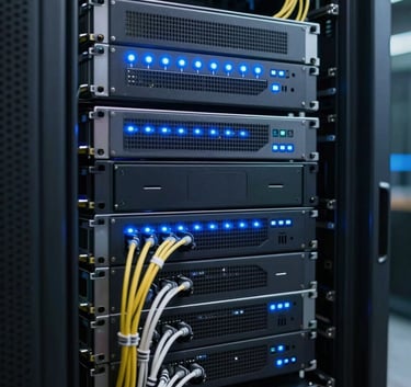 A sharp, detailed photograph of sleek server rack components in a high-tech North American data center, featuring glowing blue LED indicators and neatly organized cables.