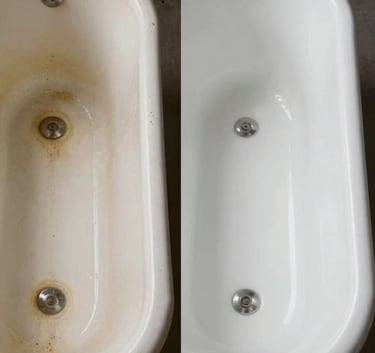 A side-by-side comparison photography showing a worn, yellowed, and chipped vintage bathtub next to a smooth, brilliantly white reglazed surface, professional lighting, industrial premium feel.