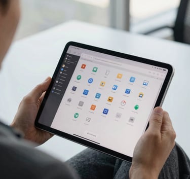 Close-up of a tablet screen being used by a professional in a bright US office setting. The screen displays various software application icons in a clean layout. The person is wearing a professional charcoal gray blazer. Natural light streams in from a large window in the background.