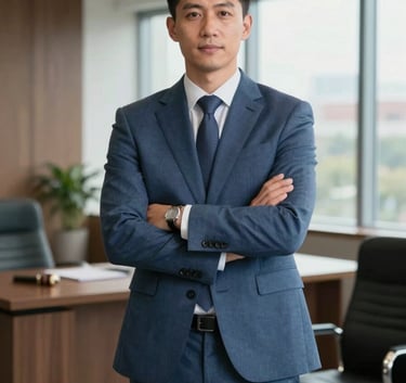 A professional attorney in a slate blue suit standing confidently in a modern North American / US / California law office with large windows, natural soft lighting, conveying steadfast reliability.