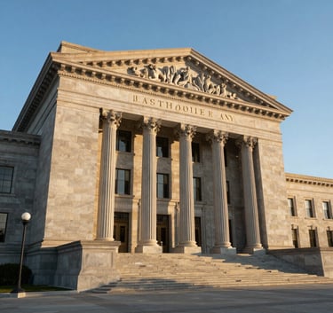 The majestic stone exterior of a North American / US / California courthouse under a clear sky blue morning, wide angle shot, symbolizing authority and legal integrity.