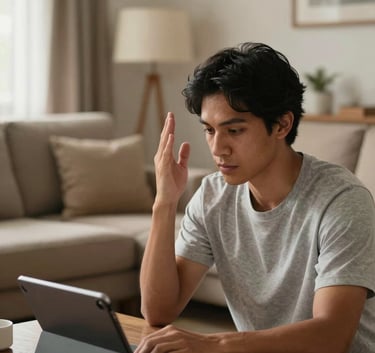 A South American person in a comfortable living room performing guided physical therapy exercises while looking at a tablet on a table, warm home environment, daylight.