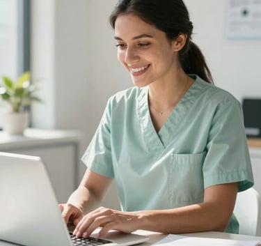 A professional physiotherapist in a bright South American modern office smiling while looking at a laptop screen, soft natural sunlight, professional attire in soft greens and whites, clean and welcoming atmosphere.
