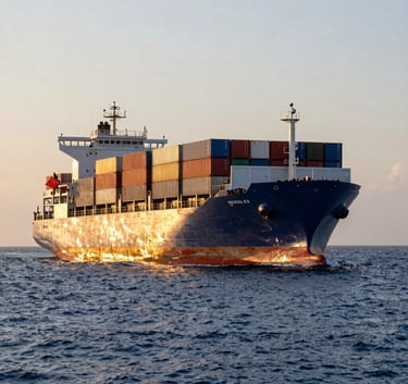 Un gran buque portacontenedores navegando por un canal de Latinoamérica al atardecer, reflejos dorados sobre el mar azul marino profundo, composición majestuosa y profesional.