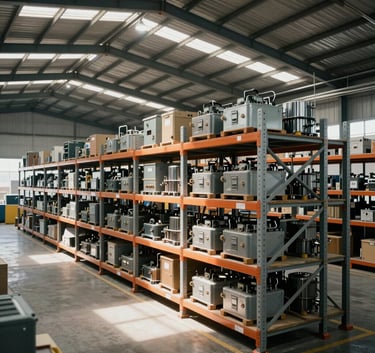 Interior de un centro de distribución logístico de alta tecnología en Latinoamérica, amplio y limpio, con estanterías industriales organizadas y luz natural suave entrando por el techo.