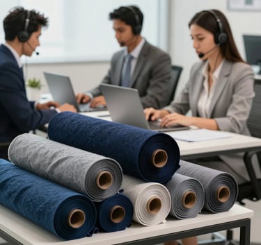 A bright, modern Brazilian office setting where professionals with headsets are working at clean desks. In the foreground, rolls of high-quality textiles in shades of dark blue and gray are neatly arranged on a side table. Soft, professional lighting.