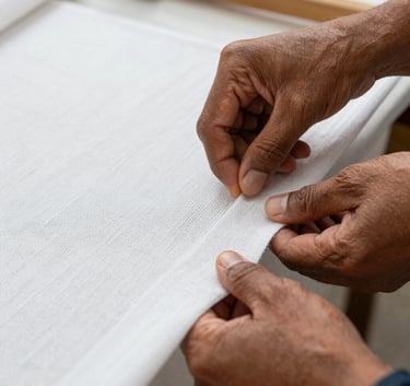 Close-up photography of skilled hands inspecting the fine weave of a white textile fabric in a brightly lit South American studio. The focus is on the texture and quality of the material.