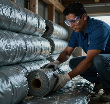 Hispanic / Latin American contractor installing high-quality insulation rolls in a crawl space, wearing safety goggles and gloves, soft cinematic lighting with steel blue and charcoal tones.