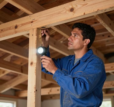 Hispanic / Latin American professional technician in a dusty blue uniform inspecting a house attic structure with a high-powered flashlight, sharp focus on the timber, professional photography style.