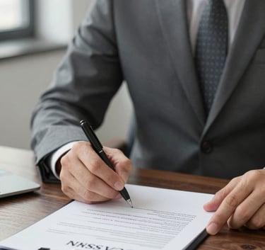 A professional close-up of a business executive signing official MISA licensing documents on a dark wood desk. The scene is sophisticated and trustworthy, with natural light and a palette of #1A202C and #F8F5EE.