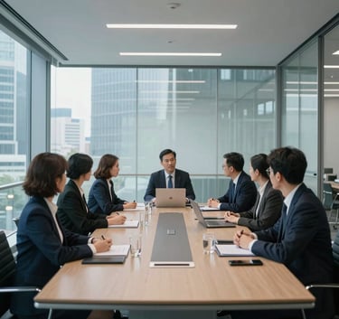 A high-end, professional business environment in a Western European business district. Wide shot of a clean, organized meeting room with glass walls and views of city architecture. Sophisticated atmosphere with dark navy and light blue accents.