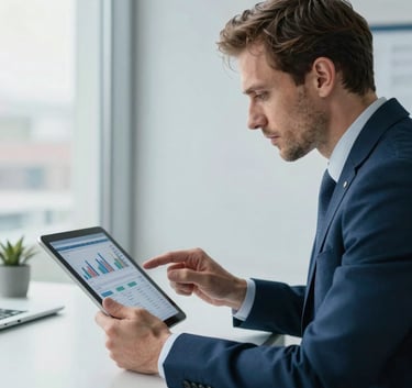 A professional consultant in business attire, looking at a digital tablet showing financial data in a bright, airy office. Western European / French context, clean composition, soft morning light. Palette dominated by light blue and deep blue.