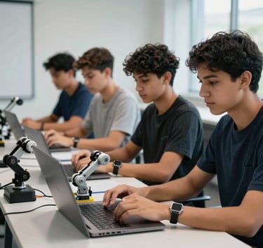 A group of professional South American students in a modern, tech-focused classroom, working with laptops and robotic components, soft natural light, premium cinematic photography style.