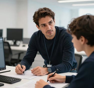 An Argentinian professional mentor explaining a complex project to a focused student, interior of a bright and minimalist modern academy, blurred tech background, high-end photography.