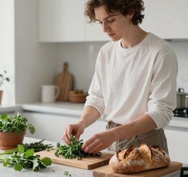 A content creator in a stylish, minimalist Northern European / Scandinavian kitchen, arranging fresh herbs and sourdough bread under soft, natural side lighting for a social media photoshoot.