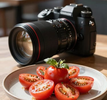 A high-end professional camera lens focusing on a vibrant red heirloom tomato salad plated on a ceramic dish in a sunlit Northern European / Scandinavian restaurant setting.