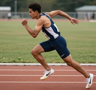 A cinematic profile shot of a male athlete in mid-sprint on a professional track, natural lighting, featuring deep blue and white apparel, North American setting.