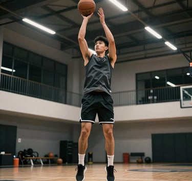 A high-end, low-angle photograph of a male basketball trainer in charcoal athletic apparel performing a jump shot in a modern US indoor gym, cinematic lighting.