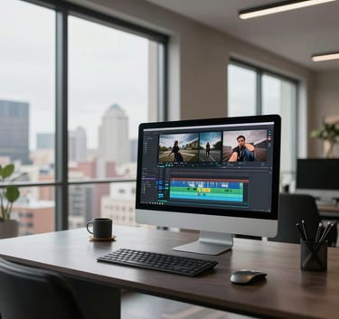 A high-end, modern home office in the United States with large windows and a view of a cityscape. On a sleek desk sits a powerful computer showing a professional video editing timeline. The atmosphere is professional and innovative, with a clean aesthetic and soft cinematic lighting.