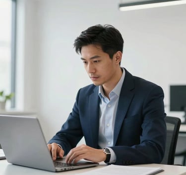 A focused North American entrepreneur in a sharp navy blazer working in a bright, modern minimalist office space. The composition is a medium shot, highlighting a look of confident expertise and business acumen.