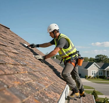 A professional roofer in a safety vest inspecting a suburban house roof in North American / US, clear blue sky, bright natural lighting.