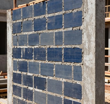 Professional photography of a construction site in a Sul Americano / Brasileiro neighborhood, focusing on a newly built brick wall with dark blue and grey tones, sharp focus on the textures of mortar and clay, bright natural light.