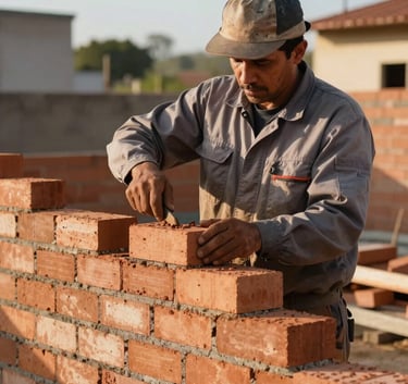 A skilled mason in a grey work uniform laying bricks on a wall with high precision, outdoor construction setting in the Sul Americano / Brasileiro region, morning sunlight, clean and professional atmosphere.