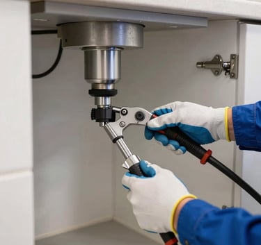 A detailed photograph of a professional plumber's gloved hands using high-tech drain cleaning equipment in a modern North American / US kitchen, focus on the specialized tools and blue uniform sleeve, bright and professional lighting.