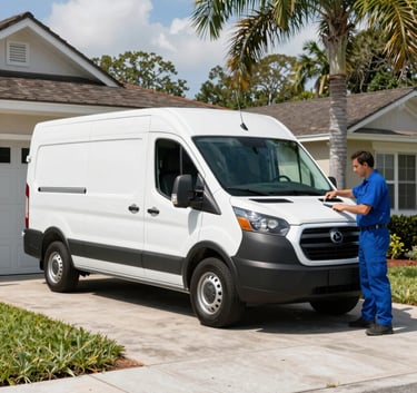 A sharp, professional wide shot of a modern white plumbing service van parked in a sunny North American / US residential driveway in Orlando, Florida, with a professional technician in a blue uniform, bright natural lighting, clean and efficient mood.