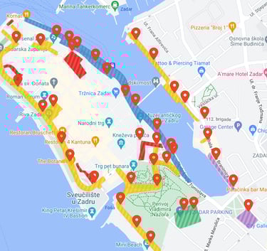 A map of Zadar, showing locations of parking meters