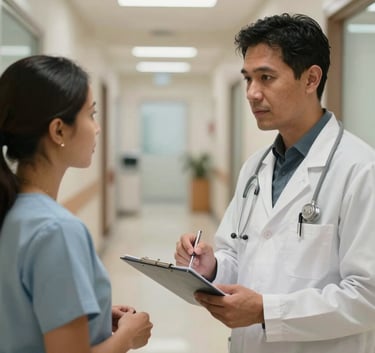 A professional medical consultant in a clean white coat discussing care plans with a colleague in a modern clinic corridor in Bucaramanga, Colombia, warm and trustworthy atmosphere, professional lighting.