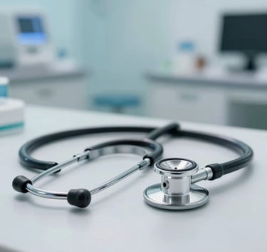 A close-up of a professional stethoscope lying on a clean medical desk, soft bright lighting, corporate healthcare environment in a South American clinic, with blurred clinical background in shades of light blue and white.
