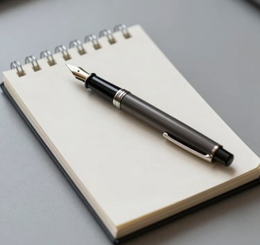 A professional desk setup featuring a bone white notepad and a deep charcoal fountain pen. The composition is clean and minimalist, with soft shadow grey tones in the background, representing meticulous planning and professional marketing strategy.