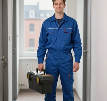 A professional plumber in modern blue workwear standing confidently in a bright Northern European / German / Hamburg apartment hallway. He is holding a toolbox and smiling slightly, exuding competence and reliability. In the background, typical Hamburg architecture is visible through a large window. Soft, natural lighting. Brand colors: steel blue and grey.