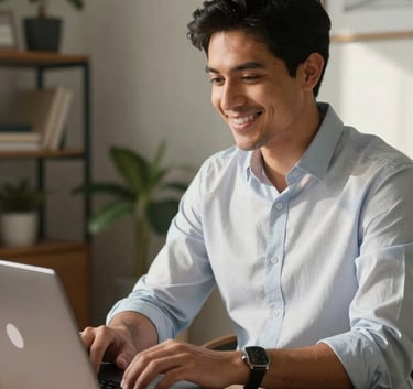 A professional Peruvian man in his late 30s, wearing a smart casual shirt, working from a modern and cozy home office in Lima, natural light streaming in, smiling while looking at a laptop.