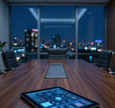 A high-end, cinematic still of a sleek Peruvian corporate boardroom at night, with a view of Lima city lights, soft royal blue interior lighting, and a tablet on the table reflecting a data visualization.
