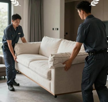 Movers wearing dark slate blue uniforms carefully carrying a large sofa protected by padded blankets into a modern home, focus on careful handling and professional technique.