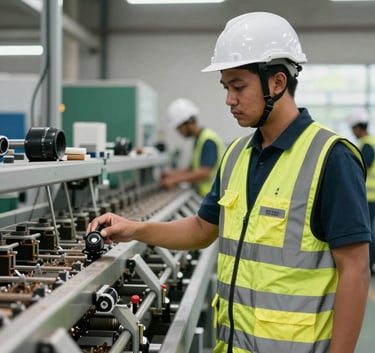 Professional in safety gear standing before a clean, organized recycling processing line in a Southeast Asian / Indonesian industrial plant, natural lighting, eco-conscious mood.