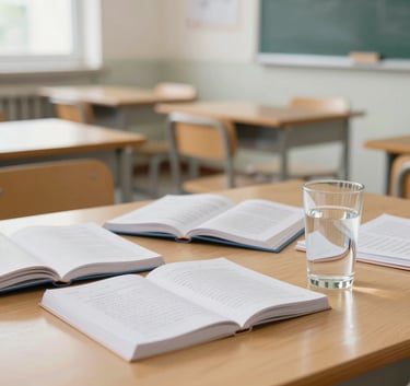 A collection of educational materials, books, and a glass of water on a light oak table, bright and airy European classroom interior, depth of field.