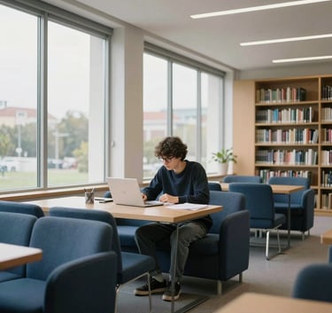 A focused student studying in a contemporary Portuguese library with large windows, light grey and navy blue furniture, calm and professional educational setting.