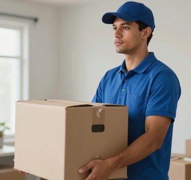 A professional mover in a neat uniform carrying a cardboard box with care, South American / Brazilian domestic setting, bright and airy lighting with Soft Blue and Grey-Blue tones.